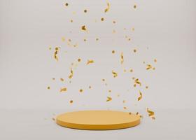 Golden podium with falling confetti on gray background. Elegant podium for product, cosmetic presentation. Luxury mockup. Pedestal or platform for beauty products. Empty scene. 3D rendering. photo