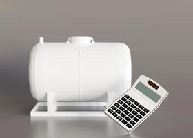 Gas tank and calculator on gray background. LPG, Liquefied Petroleum Gas. Propan and butan. Heating is getting more expensive. Energy crisis. Gas price. 3D rendering. photo