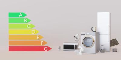 diferentes electrodomésticos y gráfico de calificación de eficiencia energética sobre fondo gris. dispositivos electrónicos del hogar. equipamiento de la casa. ahorra energía. representación 3d foto