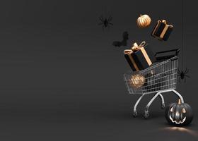 Shopping cart, trolley with gift boxes and Halloween decoration on black background. Free space for text. Halloween shopping, sale. Banner, template, mock up with copy space. 3D rendering. photo