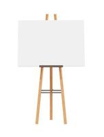 Empty horizontal canvas on wooden easel, isolated on white background. Free, copy space for your picture. Artwork presentation. Canvas mock up. Cut out object. 3D rendering. photo