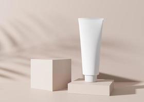 White and blank, unbranded cosmetic cream tube with plants shadows. Skin care product presentation on cream background. Luxury mockup. Tube with copy space. 3D rendering. photo