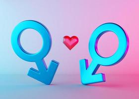Two male sex symbols with heart and neon light. Mars symbol for men. Gender sign. Alternative love, LGBT community. Gay couple, relationship. Diversity, homosexuality, equal marriage. 3D rendering. photo