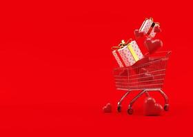 Shopping cart, trolley with gift boxes and hearts on red background with free space for text, copy space. Valentine's Day, sale. 3D illustration. photo