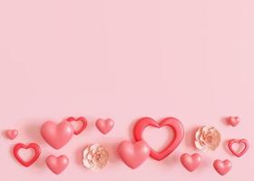 Pink background with hearts and copy space. Valentine's Day, Mother's Day, Wedding backdrop. Empty space for advertising text, invitation, logo. Postcard, greeting card design. Love symbol. 3D render. photo