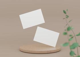 Blank white business cards with small sprig on brown background. Natural mockup for branding identity. Two cards to show both sides. Template for graphic designer. Free space. 3D rendering. photo
