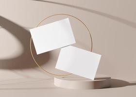 Blank white business cards with golden ring on the cream background. Mockup for branding identity. Two cards to show both sides. Template for graphic designer. Free space, copy space. 3D rendering. photo