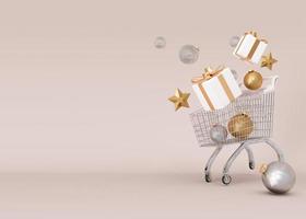 Shopping cart, trolley with gift boxes and Christmas decoration on beige background. Free space for text. Christmas shopping, Xmas sale, New year. Banner, template, mock up with copy space. 3D render. photo