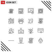 paquete de 16 signos y símbolos de contornos modernos para medios de impresión web, como elementos de diseño de vectores editables de chip futuro de tienda inteligente de mapa