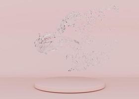 Round podium with water splash on pink background. Mock up for product, cosmetic presentation. Pedestal or platform for beauty products. Empty scene. Freshness, purity. 3D rendering. photo