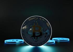 Cryptocurrency bitcoin coin on black background. Symbol of crypto currency - electronic virtual money for web banking and international network payment. Business, finance, technology. 3D rendering. photo