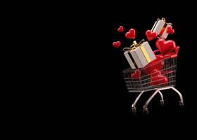 Shopping cart, trolley with gift boxes and red hearts on black background with free space for text, copy space. Valentine's Day, sale. 3D illustration. photo