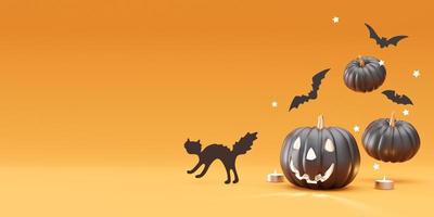 Halloween decoration on orange background. Free, copy space for your text or logo. Halloween banner, mock up design, template for advertising. Black pumpkin, bat, cat, candles. 3D rendering. photo