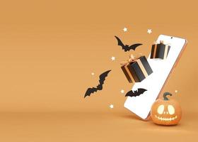 Smartphone with flying gift boxes and Halloween decoration on orange background. Copy space. Shopping with smartphone, buying presents online. Halloween shopping in internet, sale. 3D rendering. photo