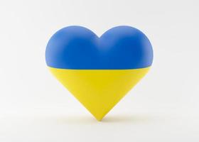 Flag of Ukraine in heart shape. Russian Ukrainian conflict. Save Ukraine concept. Stop war and military attack. Blue and yellow love symbol. Support for the country during the occupation. 3D rendering photo