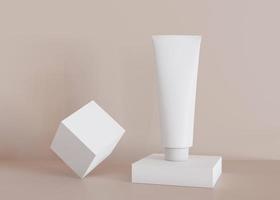 White and blank, unbranded cosmetic cream tube with simple geometric forms. Skin care product presentation on cream background. Modern mockup. Tube with copy space. 3D rendering. photo