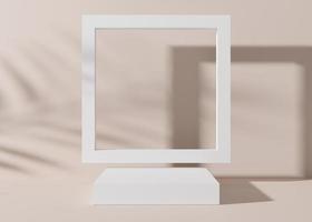 Podium on light cream background, with palm leaves shadows. Podium for product, cosmetic presentation. Mock up. Pedestal or platform for beauty products. Empty scene. 3D rendering. photo