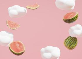 Summer, vacation background. Pink color, clouds and flying watermelons. Backdrop for advertising. Free, copy space for your text. Frame, modern design. Holiday, travel, relax concept. 3D rendering. photo