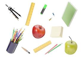 School stationery items isolated on white background. School supplies cut out. Pen, pencils, notebook, brush, ruler, apple. 3D rendering. photo
