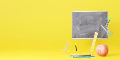 School stationery items on yellow background with free space for text. Creative, colourful background with school supplies. Banner with copy space. Ruler, pencil, scissors, apple. 3D rendering. photo