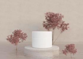 White, blank, unbranded cosmetic cream jar with plants in water on beige background. Skin care product presentation. Elegant mockup. Skincare, beauty and spa. Jar with copy space. 3D rendering. photo