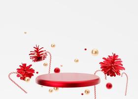 Red podium with flying Christmas decoration on white background. Xmas composition. Elegant scene for product, cosmetic presentation. Luxury mock up. Pedestal, platform for beauty products. 3D render. photo