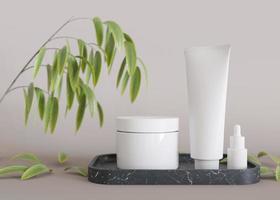 White, blank, unbranded cosmetic cream jars and tubes standing on podium, with tree branch and leaves. Skin care product presentation. Modern mock up. Jar, tube with copy space. 3D render. photo