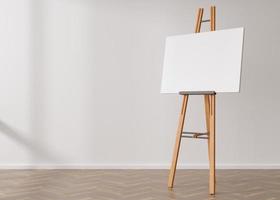 Empty horizontal canvas on wooden easel standing in room. Free, copy space for your picture. Artwork presentation. Canvas mock up. 3D rendering. photo