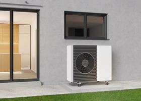 Air heat pump standing outdoors. Modern, environmentally friendly heating. Save your money with air pump. Air source heat pumps are efficient and renewable source of energy. 3d rendering. photo