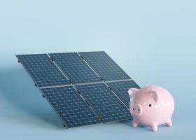 Solar panels and piggy bank on blue background. Photovoltaic, alternative electricity source. Sustainable resources. Free, copy space for your text, advertising. Energy crisis. 3D rendering. photo