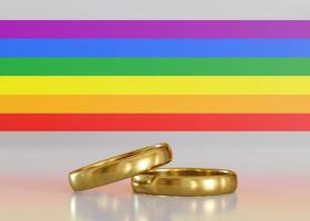Two gold wedding rings and rainbow lgbt flag. Equal homosexual marriage. LGBT community, include lesbians, gays, bisexuals and transgender people. Diversity, homosexuality. Lgbt rights, law. 3D render photo