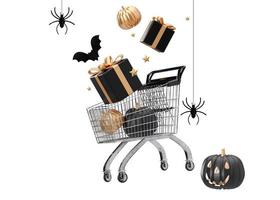 Shopping cart, trolley with gift boxes and Halloween decoration isolated on white background, with clipping path. Halloween shopping, sale. Pumpkin, bat, spider, golden stars. Cut out. 3D rendering. photo