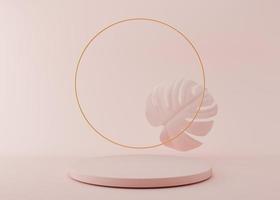 Podium with golden ring and monstera leaf on pink background. Elegant podium for product, cosmetic presentation. Luxury mockup. Pedestal or platform for beauty products. Empty scene. 3D rendering. photo