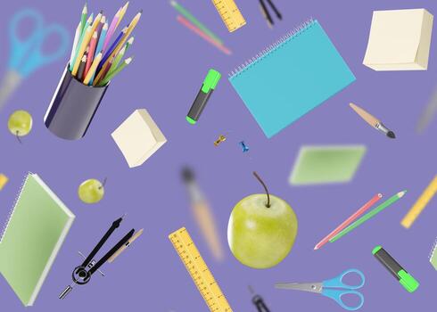 Seamless pattern with school stationery items on purple background. Colorful background with school supplies, texture. Eye-catching design. Pen, pencils, scissors, notebook, ruler, apple. 3D rendering photo