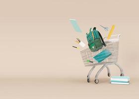 Shopping cart, trolley with school stationery items on beige background. Free space for text. Shopping for school, sale of school supplies. Banner, template, mock up with copy space. 3D rendering. photo