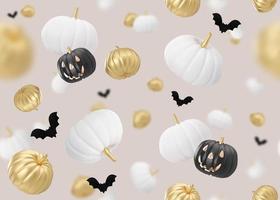Seamless Halloween pattern. Golden, white and black Halloween decoration on beige background. Pumpkin, bat. Scary and spooky wallpaper, trick or treat, happy halloween. 3D rendering. photo