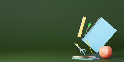 School stationery items on green background with free space for text. Creative, colourful background with school supplies. Banner with copy space. Ruler, pencil, scissors, apple. 3D rendering. photo