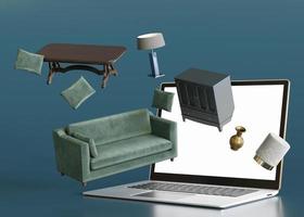 Laptop with flying furniture. Shopping online. Furniture shop, interior details. Furnishings sale or interior project concept. Buy sofa, table, chair, commode via internet. E-commerce. 3d rendering. photo