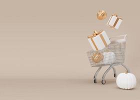 Shopping cart, trolley with gift boxes and Halloween decoration on beige background. Free space for text. Halloween shopping, sale. Banner, template, mock up with copy space. 3D rendering. photo