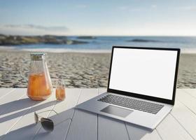 Laptop with blank white screen and sea, workplace on beach. Computer mock up. Free, copy space for app, game, web site presentation. Empty laptop screen ready for your design. Vacation. 3D render. photo