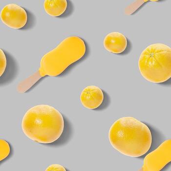 Seamless pattern with oranges and ice cream on gray background. Colorful summer background, texture. Top view. Eye-catching design. 3d rendering. photo