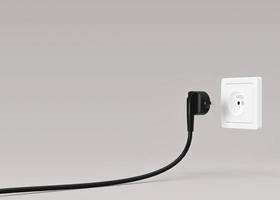 Black electrical plug and electric socket. Ready to connect. Free, copy space for your text, advertising. Save electricity, electricity is getting more expensive. 3d rendering. photo