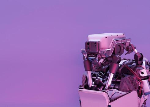 Futuristic layout with robot and copy space for your text. Artificial intelligence, digital technology. Digital smart world metaverse. Template with free space. Humanoide, cyborg. 3d rendering. photo