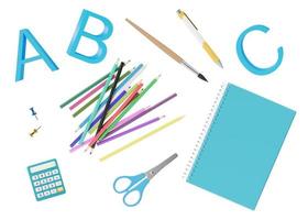 School stationery items isolated on white background. School supplies cut out. Pen, pencils, notebook, brush, calculator, scissors and letters. 3D rendering. photo