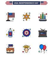 9 Flat Filled Line Signs for USA Independence Day drum star candle police bottle Editable USA Day Vector Design Elements