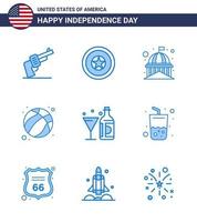 USA Independence Day Blue Set of 9 USA Pictograms of drink football building ball white Editable USA Day Vector Design Elements