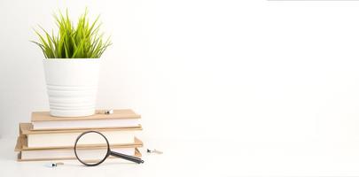 Stack of books with magnifier near and flower on top.Beginning of school year concept. photo