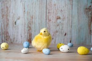 tarjeta de felicitación de pascua con pollo cpequeño rodeado de huevos coloridos sobre fondo azul foto