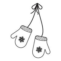 Winter mittens. A pair of knitted Christmas knobs, contour, doodle vector