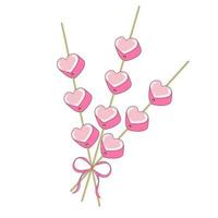 Bouquet Marshmallows in the shape of a Heart on a Stick with a Pink Ribbon and a Bow vector